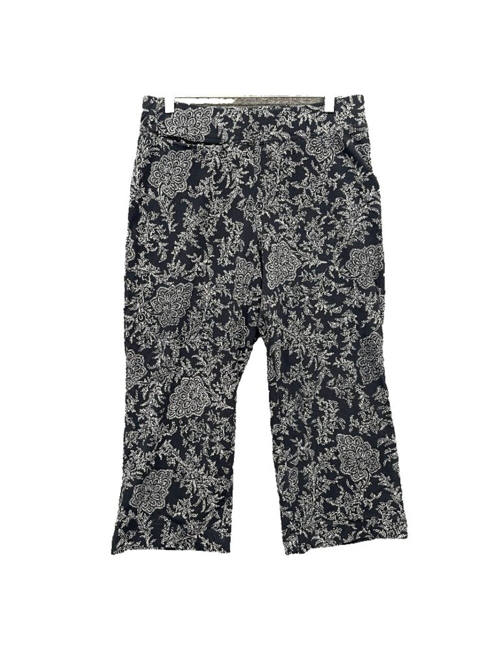 Lands End Capri Pants Womens Size M Black White Floral Stretchy Elastic Pull Up